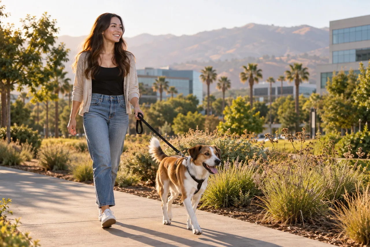 Owner walking a dog through a dry landscaped neighborhood