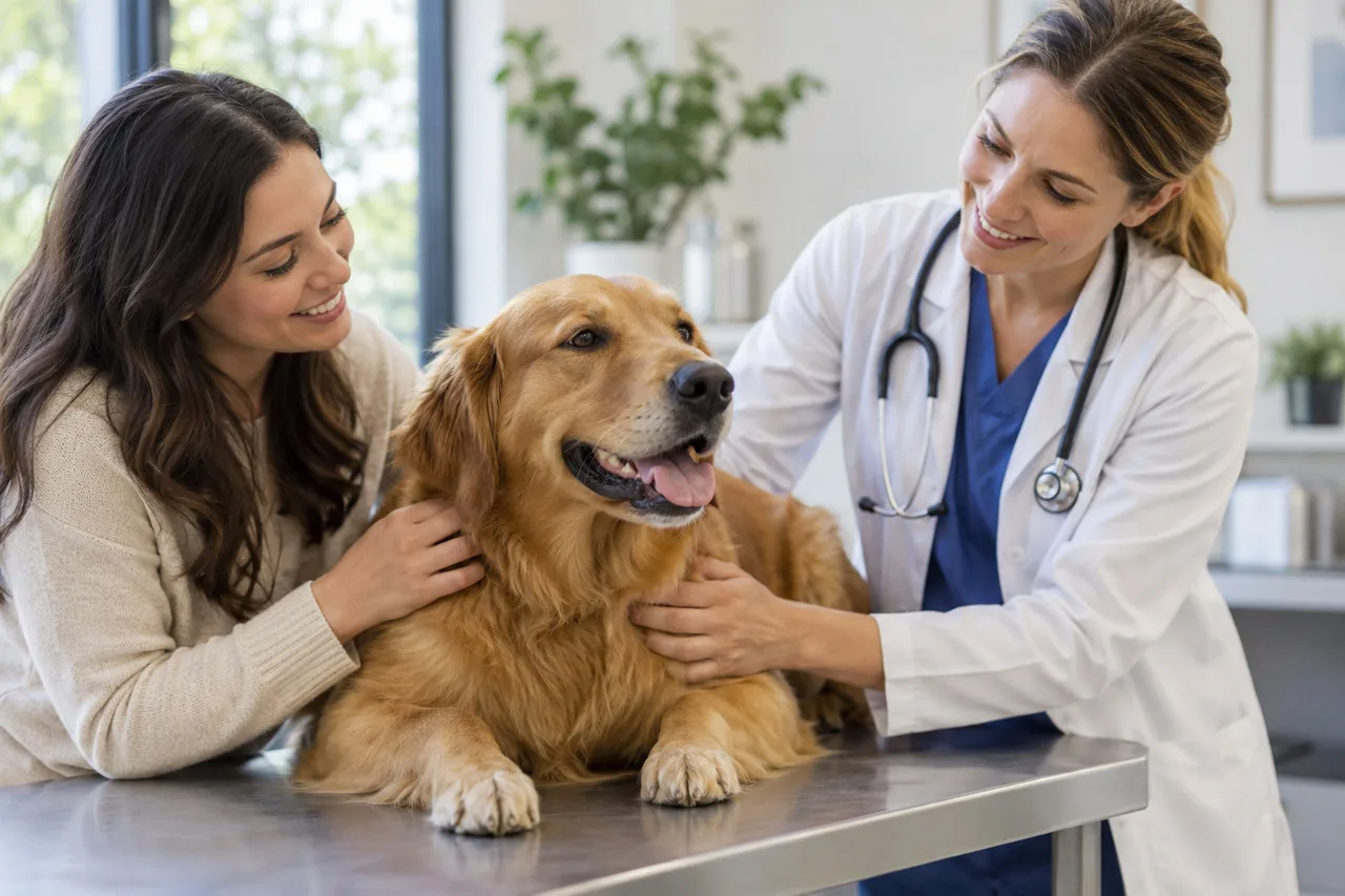 Veterinarian talking with a dog owner in a clinic